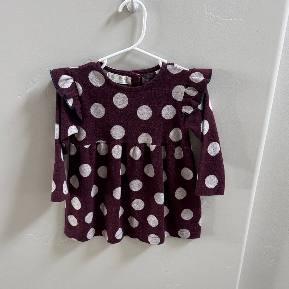 Zara Burgundy and Ivory Polka Dot Long-Sleeve Ruffle Dress Top